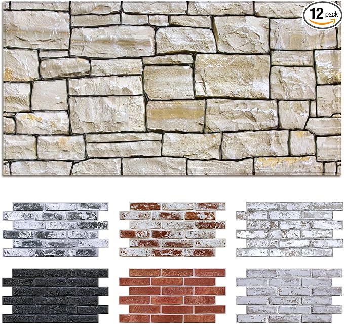 Commomy 12 pcs Faux Stone 3D Wall Panels Peel and Stick by CommomyDecor