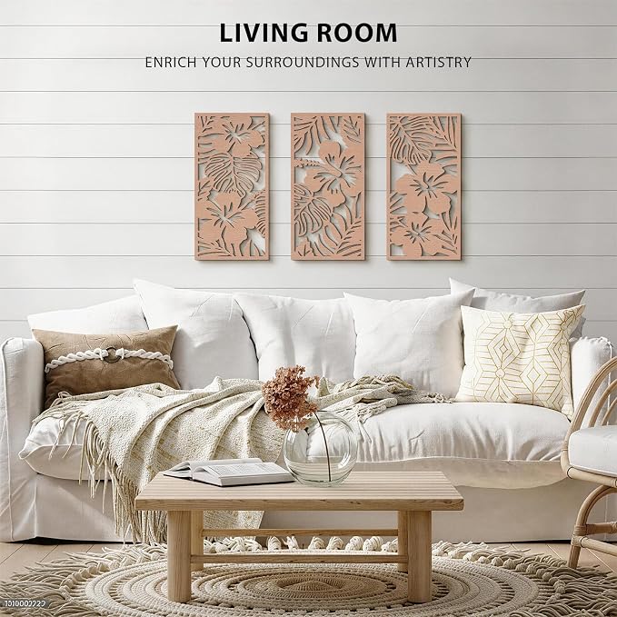 VIYYIEA Boho Solid Wood Carved Wall Art Set of 3, Geometric Minimalist Wooden - Image 7
