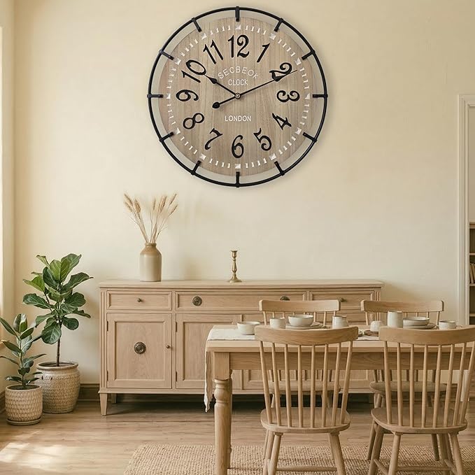 24 Inch Large Farmhouse Wall Clock, Metal Rustic Wood - Image 5