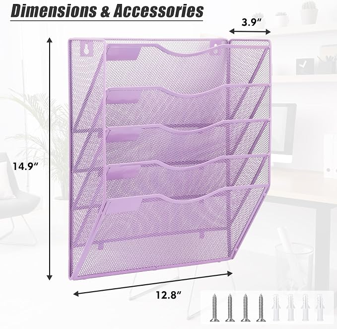 EASEPRES 5 Pocket Mesh Hanging Wall File Organizer, Wall Mounted Mail Paper - Image 2