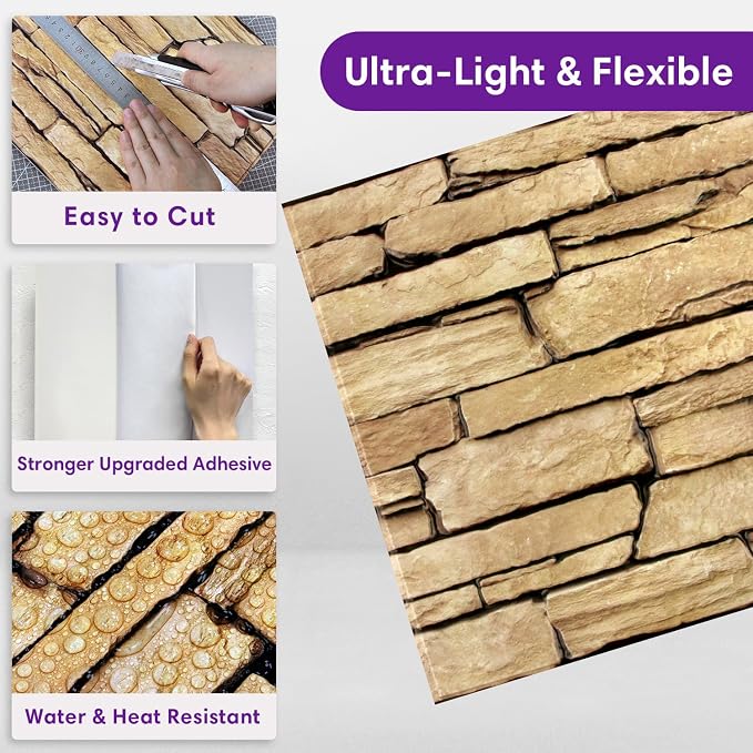3D Peel and Stick Faux Stone Wall Panels 11.8" x 11.8" 10-Pack, Stone-Look Wall - Image 5