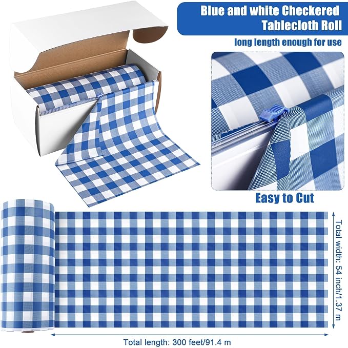 Kochorie 54 Inch x 300 Ft Blue Checkered Plastic Table Cloth Roll Disposable - Image 2