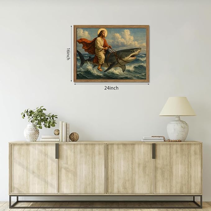 Framed Jesus Riding a Shark Wall Art, Humorous Christian Canvas Print, Fun - Image 3