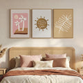 Framed Neutral Boho Abstract Wall Art Bedroom, 3 Piece Minimalist Tropical Sun by Cuspin