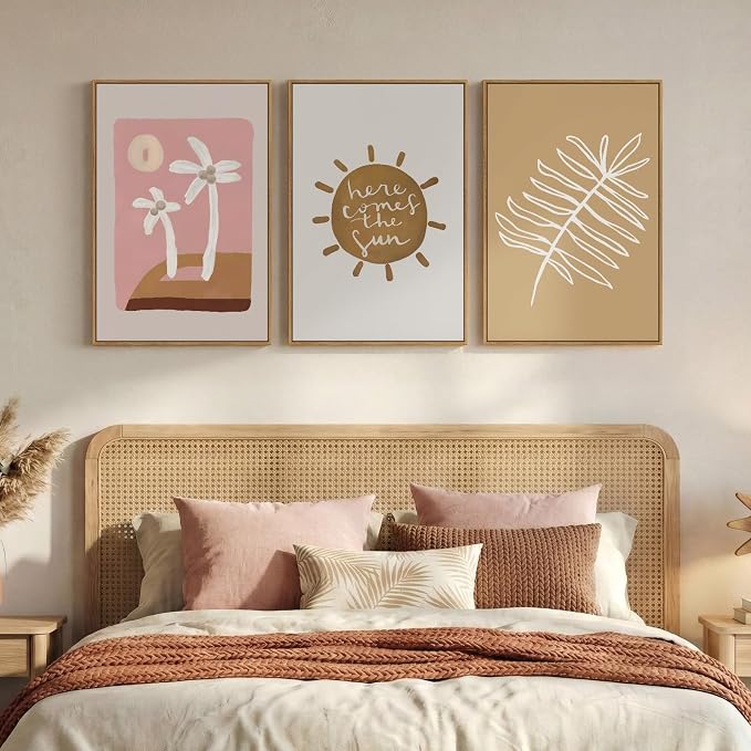 Framed Neutral Boho Abstract Wall Art Bedroom, 3 Piece Minimalist Tropical Sun by Cuspin