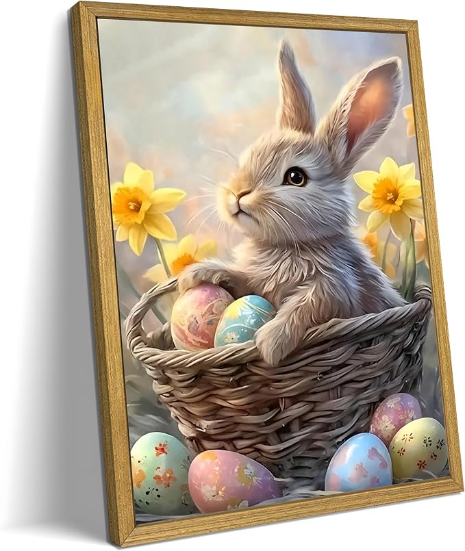 Easter Bunny Wall Art, Cute Rabbit Canvas Wall Decor Painting, Easter Eggs by Unknown