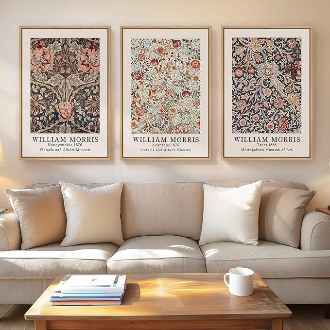 Framed Vintage William Morris Canvas Wall Art Set of 3, Large Retro Floral by Cuspin