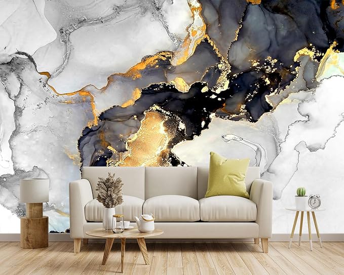 -Grey and White Marbled Fabric Wallpaper Living Room Abstraction Art Bedroom - Image 2