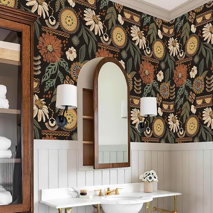 JiffDiff Boho Peel and Stick Wallpaper 17.3" x 120" Vintage Sun Floral Retro - Image 6
