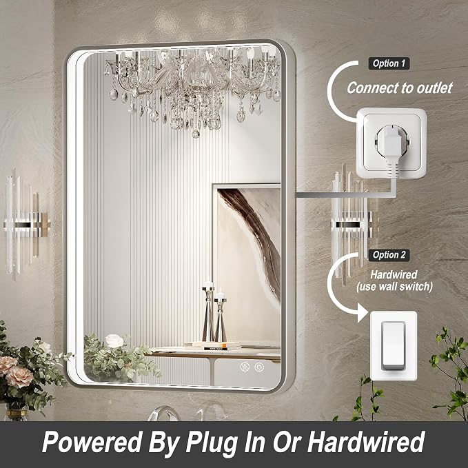LED Bathroom Mirror with Lights, 20x28 Inch Brushed Silver Framed Lighted - Image 5