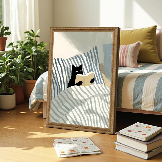 Fantasy Artists Reading Black Cat on Bed Wood Framed Wall Art, 16x24 Inches - Image 5