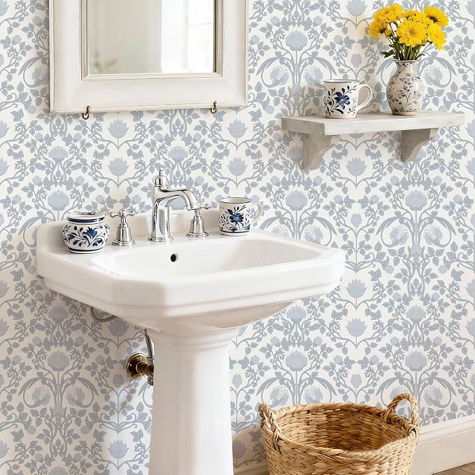 YXTII 17.3"×236.2" Blue Floral Peel and Stick Wallpaper, Damask Boho Wall Paper - Image 6