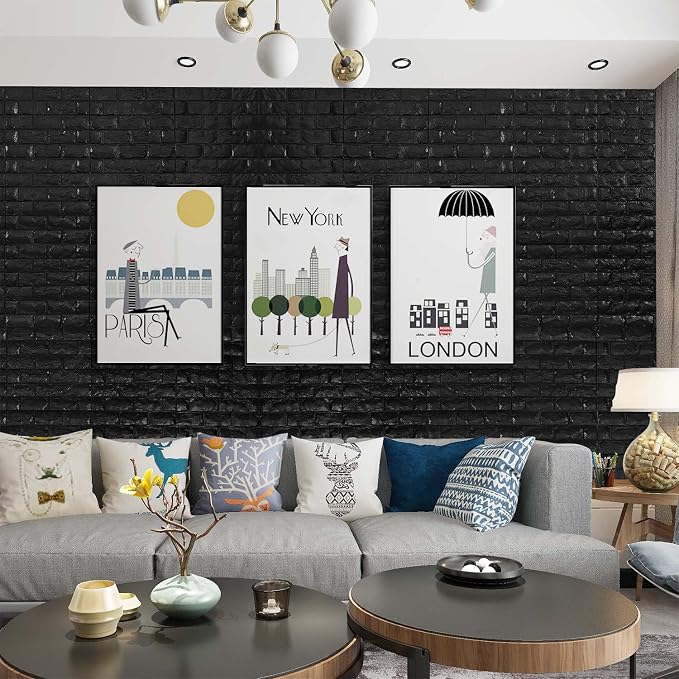YU LI 3DH 3D Wall Panels Peel and Stick 11PCS Black Foam Brick Wallpaper - Image 2