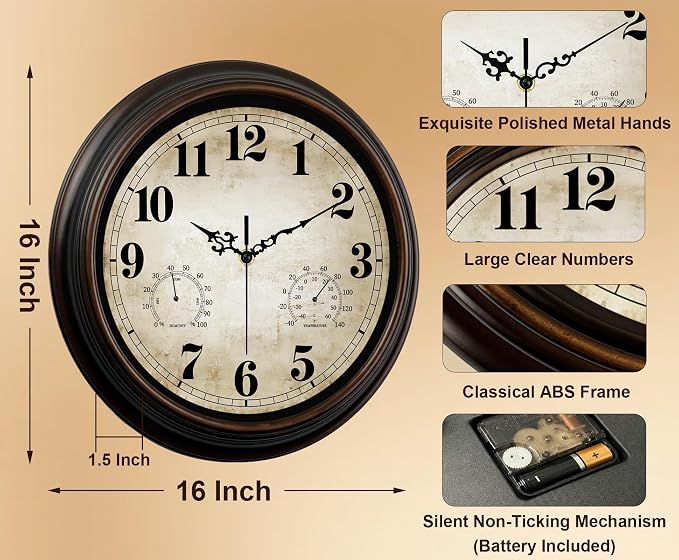 Vintage Wall Clock 16 Inch Quartz Silent Non-Ticking Analog Clock - Image 3