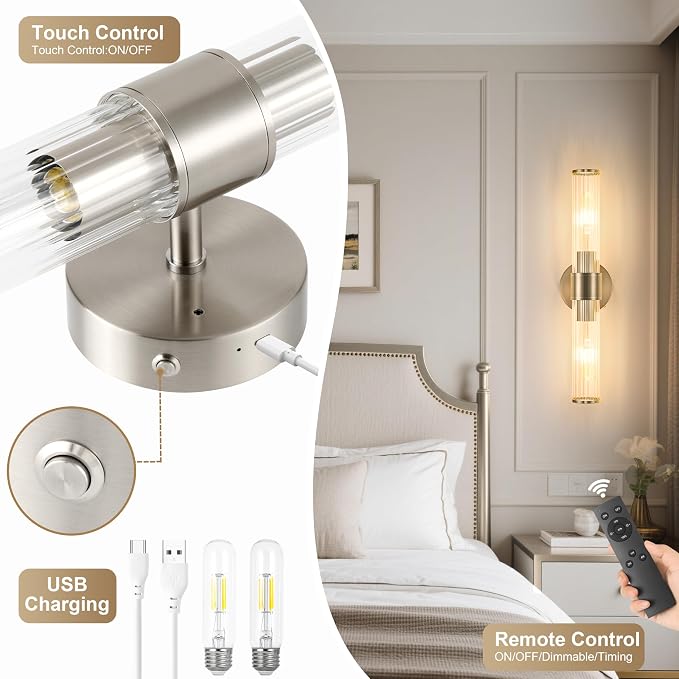 Morauroral Sand Nickel Battery Operated Wall Sconces Set of Two, Rechargeable - Image 6