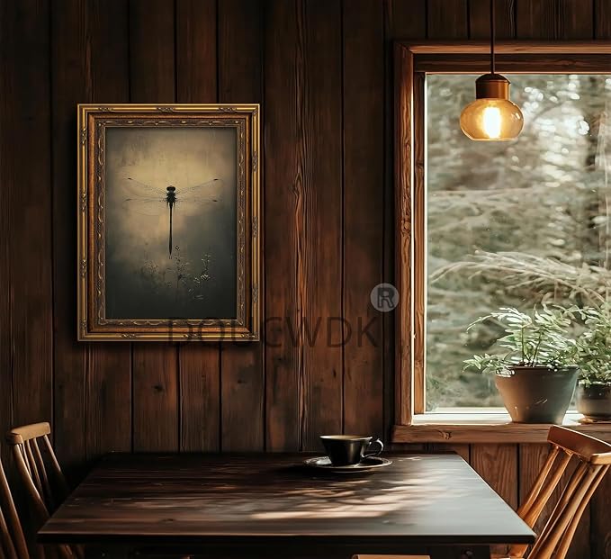 Vintage Gold Framed Wall Art Retro Dark Dragonfly Painting Canvas Prints Gothic - Image 6