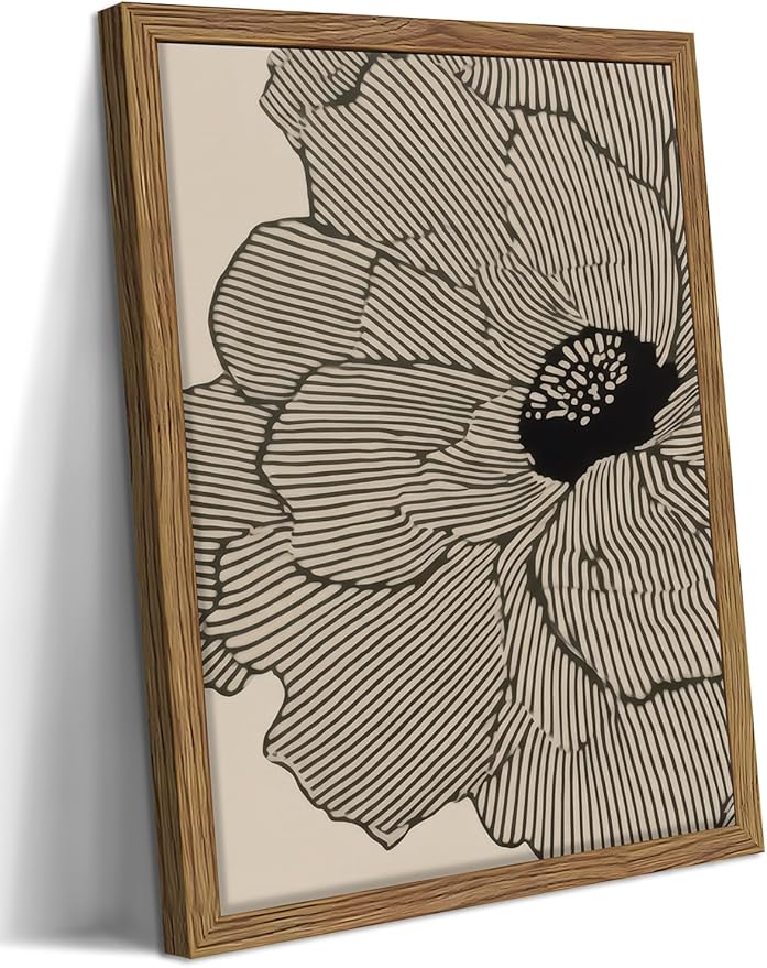 Framed Abstract Floral Wall Art, Neutral Line Flower Canvas Wall Decor Painting by Unknown