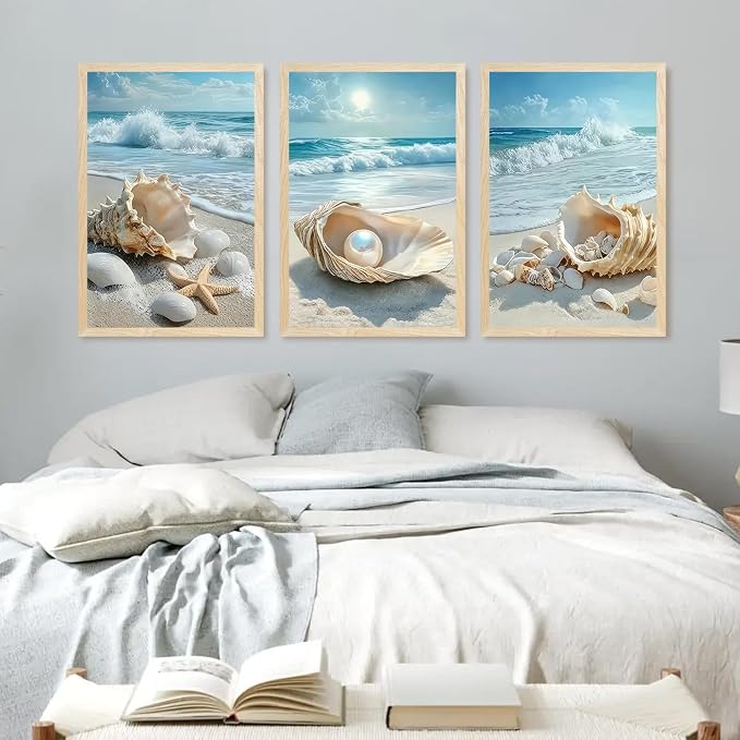 SYWENNOI 3 Piece Wood Framed Beach Wall Art, Sandy Shore, Pearl in Shell - Image 4
