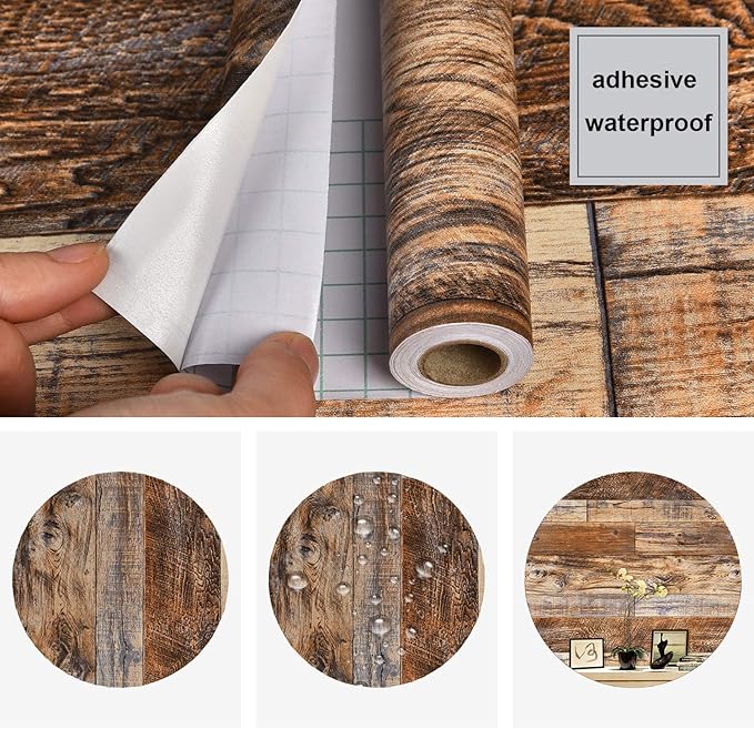 WENMER 11.8" x 78.7" Brown Wood Peel and Stick Wallpaper Shiplap Self Adhesive - Image 6