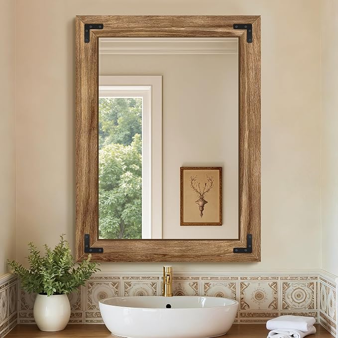 Wooden Bathroom Mirror for Wall, for Farmhouse, Living Room, Entryway Decor by FICTOR