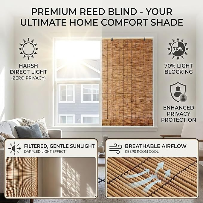 Bamboo Blinds Outdoor Patio, Natural Retro Reed Roll Up Shades - Image 3