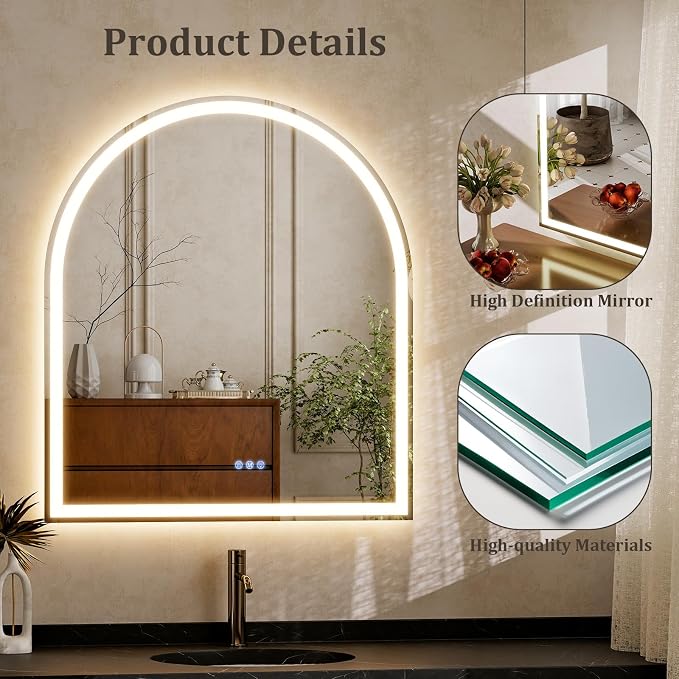 BEAUTYPEAK 34x30 LED Arch Bathroom Mirror - Image 6