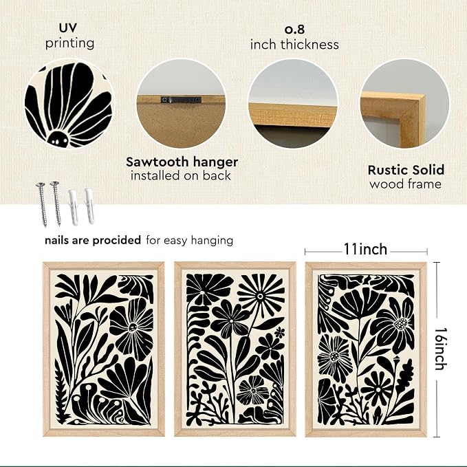 YWJKWLGS Abstract Floral Wall Art Set of 3, 11x16 Inch Black Boho Flower Prints - Image 2