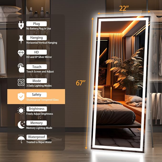 Hasipu Full Length Mirror with Lights, Full Body Dressing Hanging Mounted Mirror - Image 6