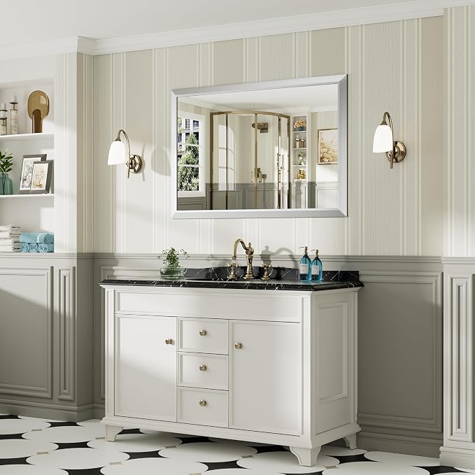 48x32 Inch Brushed Silver Bathroom Mirror - Image 4