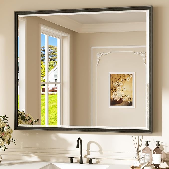 Keonjinn 42" x 36" Black Bathroom Vanity Mirror, Brushed Black Metal Framed by Keonjinn