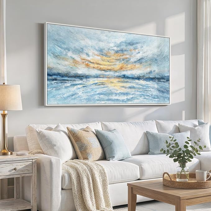Extra Large Framed Blue Gold Abstract Wall Art - Image 2
