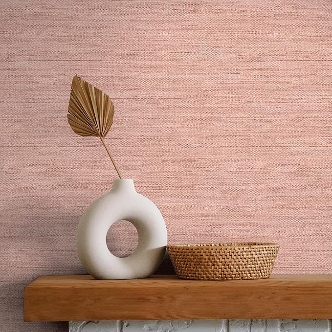 Tempaper Textured Salmon Pink Horizontal Faux Grasscloth Removable Peel and - Image 3