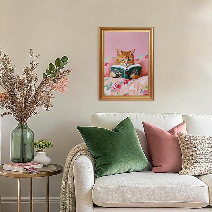 Fantasy Artists Gold Framed Wall Art Prints, Cute Orange Cat Reading a Green - Image 2
