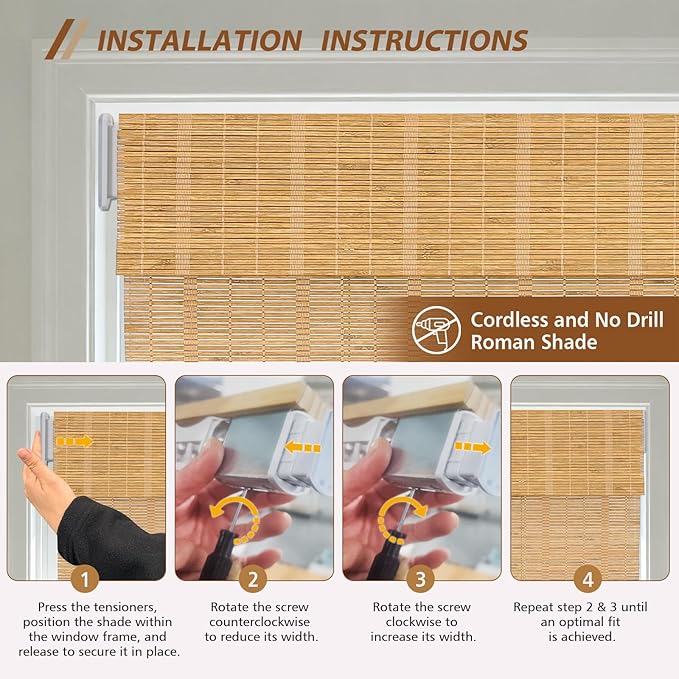 Letau No Drill No Tools Cordless Wood Window Shades Blinds, Bamboo Light - Image 5