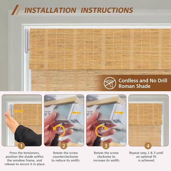 Letau No Drill No Tools Cordless Wood Window Shades Blinds, Bamboo Light - Image 4