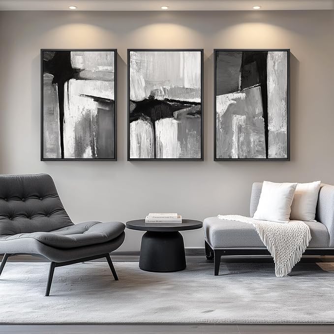 Large Framed Black and White Gray Abstract Wall Art, 3 Piece Modern Canvas - Image 4