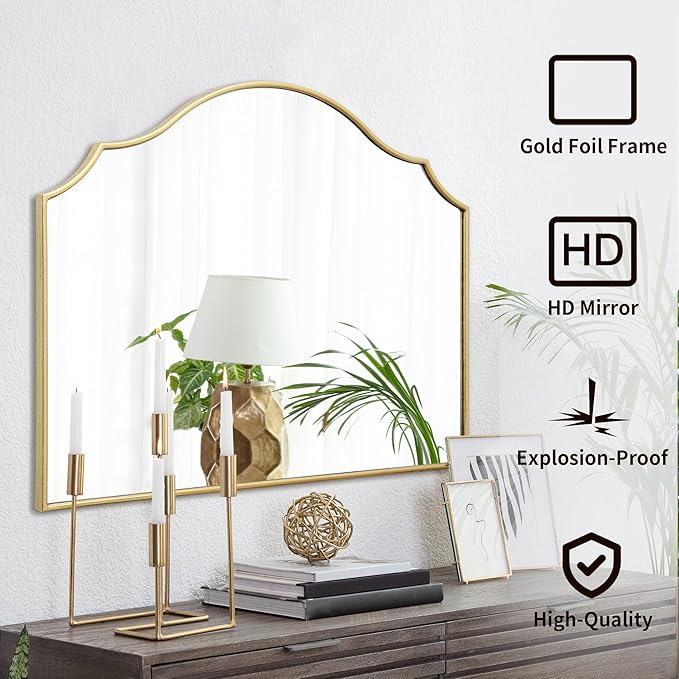 Besdomus Gold Scalloped Mirror for Dresser: 35"x26" Modern Wooden Mantel Mirror - Image 2