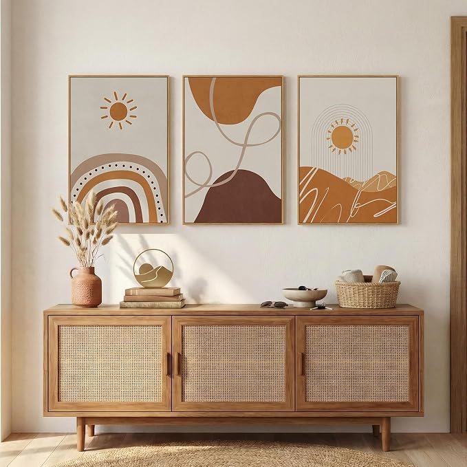Framed Neutral Abstract Boho Wall Art Bedroom, 3 Piece Terracotta Beige - Image 4