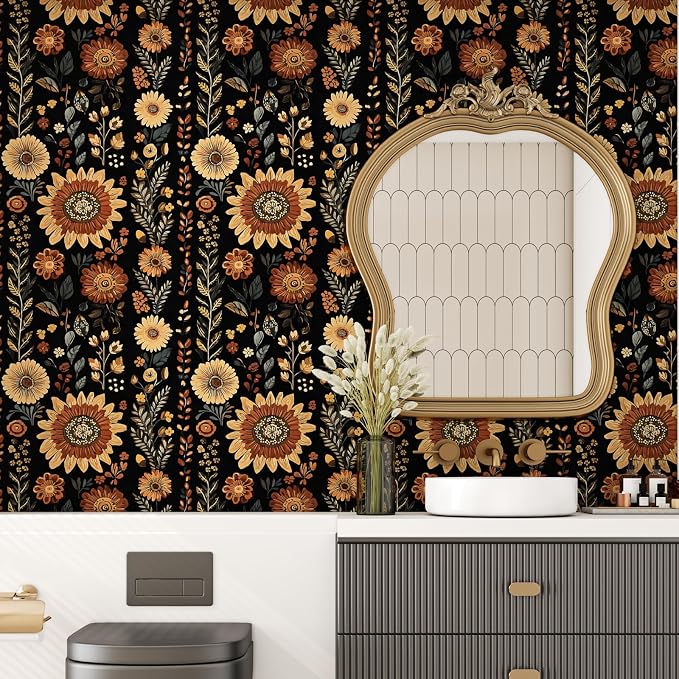Boho Dark Floral Peel and Stick Wallpaper, Vintage Black Brown Flower Pattern - Image 3