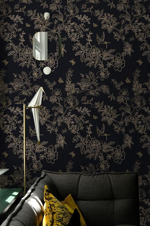 Froluya Black and Gold Wallpaper Peel and Stick Wallpaper 17.7"x590.5" Vintage - Image 2