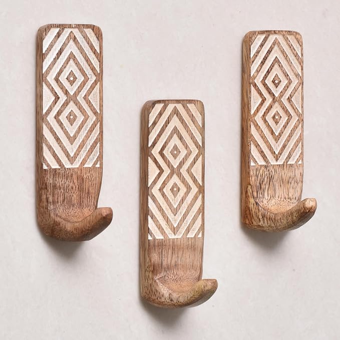 IndianShelf 10 LB- 6 Pieces Decorative Wood Adhesive Wall Hooks–Boho Peel and by IndianShelf