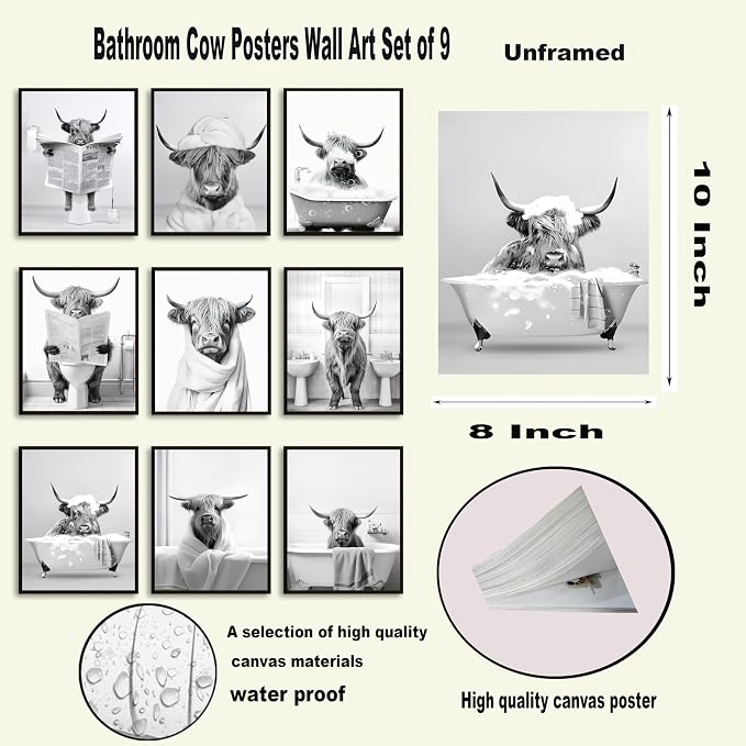 SEHSUVC Funny Bathroom Cow Posters Wall Art Set of 9, Vintage Black and White - Image 3