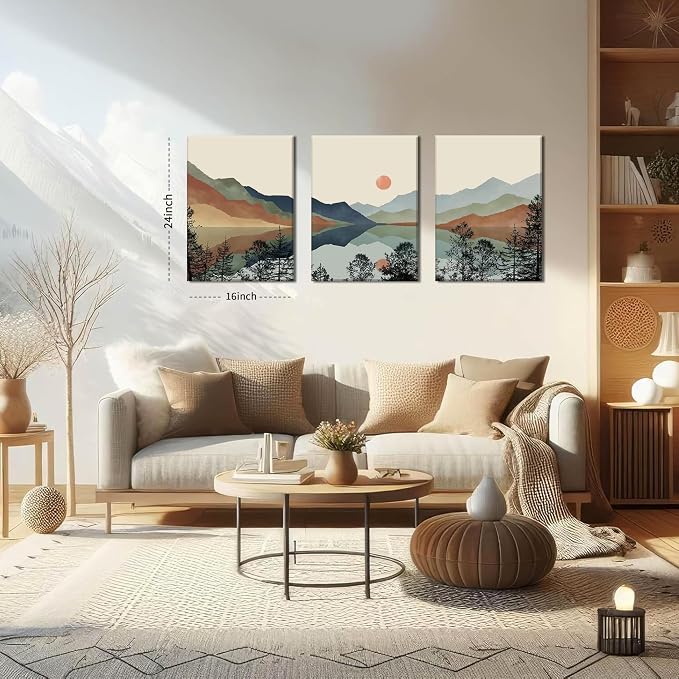 AKWISH Framed Mountain Canvas Wall Art Set of 3, Boho Watercolor Poster Prints - Image 3