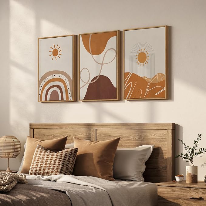 Framed Neutral Abstract Boho Wall Art Bedroom, 3 Piece Terracotta Beige - Image 2