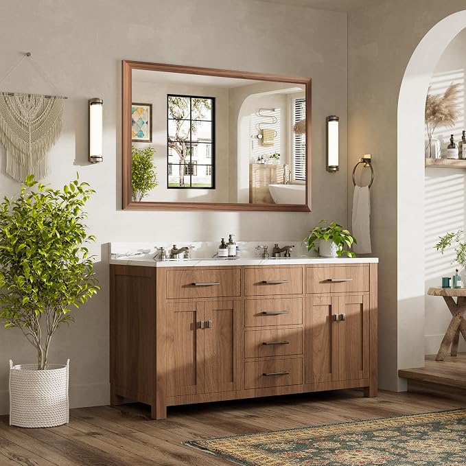 55x36 Inch Bathroom Mirror for Wall, Anti-Rust Walnut Wood Grain Metal Framed - Image 3