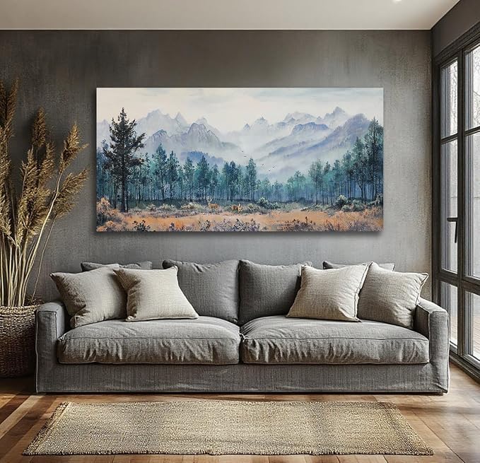 Anolyfi Foggy Forest Mountain Canvas Wall Art, Nature Tree Landscape Painting - Image 2