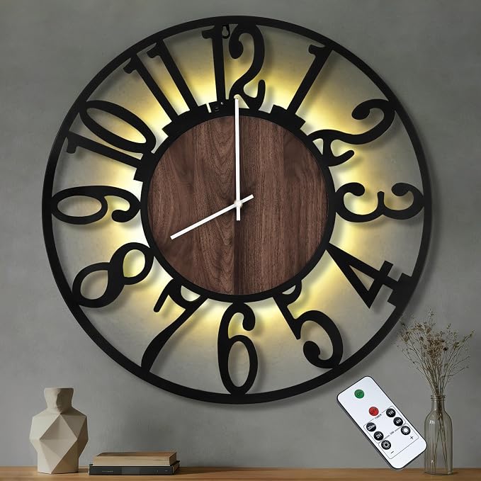 32'' Large Wall Clock with Adjustable Night Light, Glow in The Dark Decorative by Casaformia