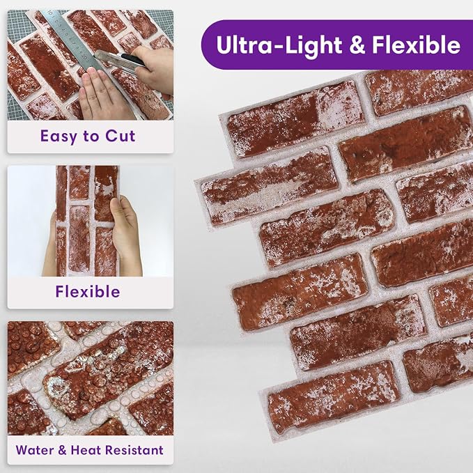 3D Peel and Stick Faux Brick Wall Panels 11.8" x 11.8" 10-Pack, Small - Image 5