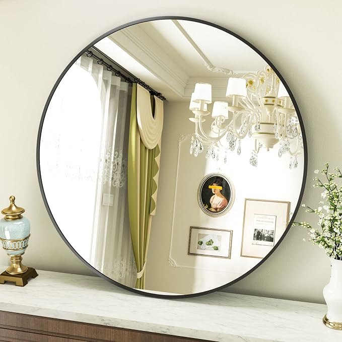 VooBang Round Mirror 36" Black Wall Mounted Circle Mirrors Vanity Mirror by VooBang