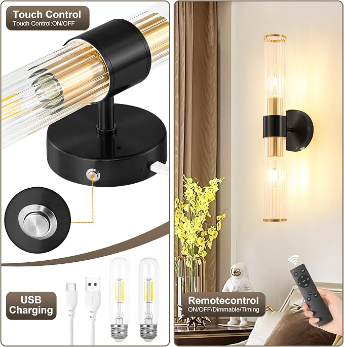 Black Gold Battery Operated Wall Sconces Set of 2, Rechargeable Wall Lights - Image 7
